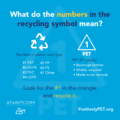 Infographic explaining what the numbers in the recycling symbol mean. It shows plastics #1 through #7 and highlights PET (#1 plastic) used for beverage bottles, noting that PET is widely recycled and made to be remade. The graphic encourages people to look for the #1 in the triangle and recycle it.