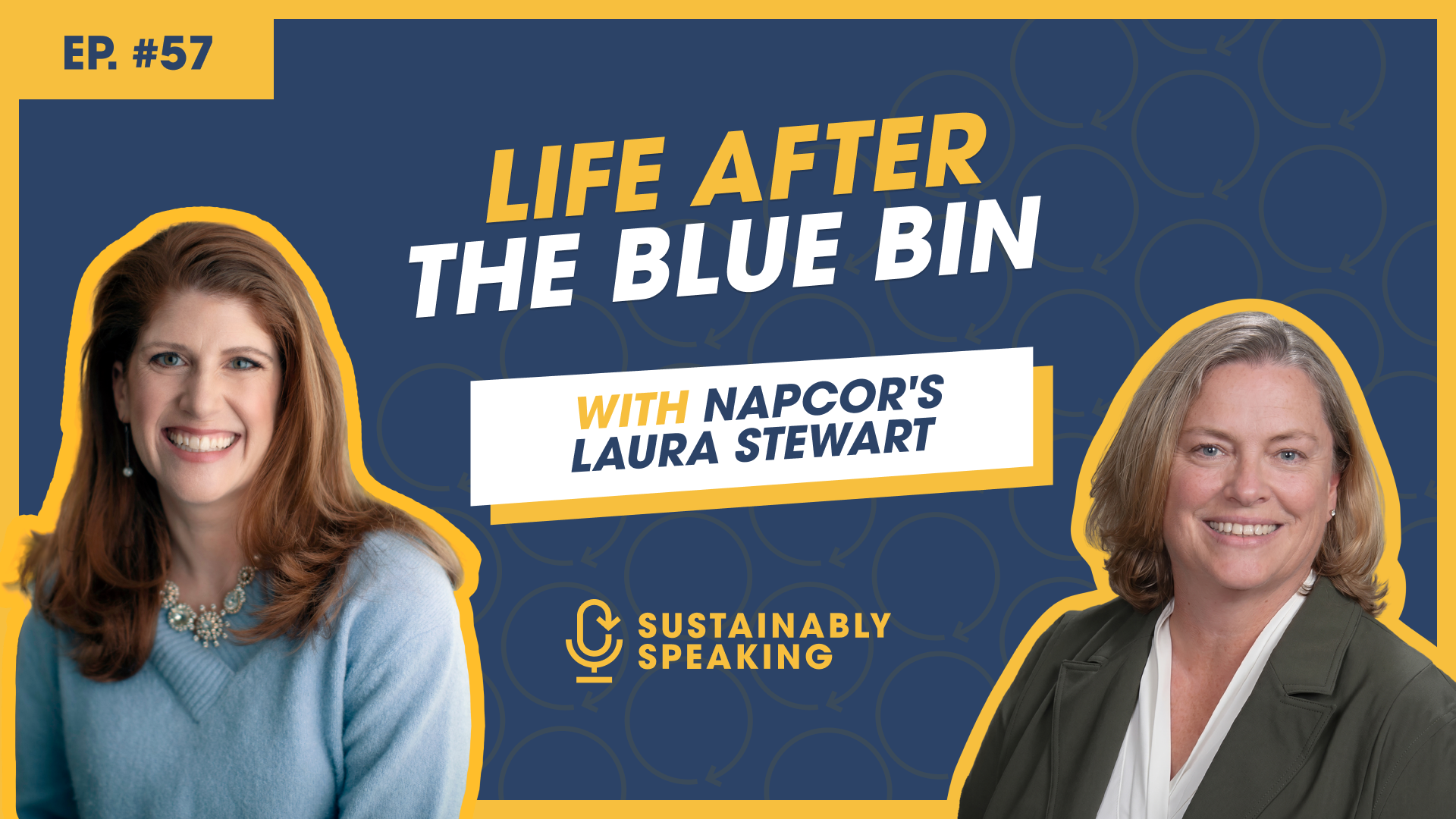 Promotional graphic for episode 57 of the Sustainably Speaking podcast. The headline reads “Life After the Blue Bin” with the subtitle “with NAPCOR’s Laura Stewart.” The graphic features headshots of host Mia Quinn and NAPCOR Executive Director Laura Stewart against a blue background with circular recycling-themed patterns. The Sustainably Speaking podcast logo appears in the center, and the design uses blue, white, and yellow branding colors.