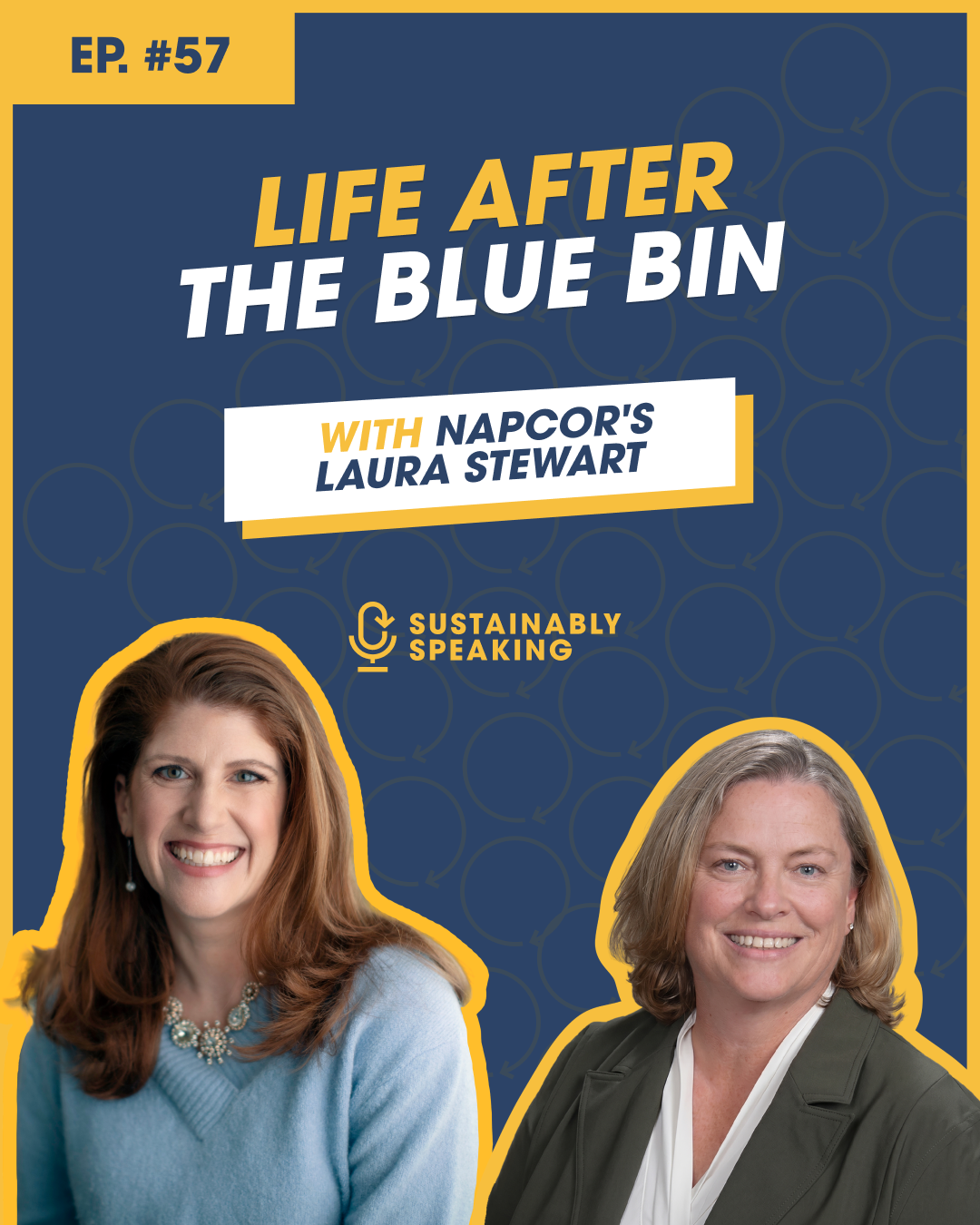 Promotional graphic for episode 57 of the Sustainably Speaking podcast. The headline reads “Life After the Blue Bin” with the subtitle “with NAPCOR’s Laura Stewart.” The graphic features headshots of host Mia Quinn and NAPCOR Executive Director Laura Stewart against a blue background with circular recycling-themed patterns. The Sustainably Speaking podcast logo appears in the center, and the design uses blue, white, and yellow branding colors.