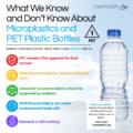 NAPCOR and Positively PET infographic titled “What We Know and Don’t Know About Microplastics and PET Plastic Bottles” beside a PET water bottle. Key points: PET remains FDA-approved for food contact; detecting microplastics does not establish harm; recommendations should be evidence-based; switching packaging can create environmental trade-offs; and research is still evolving. The call to action says, "Follow the evidence. Science, not speculation, should guide choices about our health and our planet. Learn more: PositivelyPET.org."