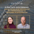 Promotional graphic featuring headshots of two podcast speakers against a background of PET plastic bottles. Text reads: “A Practical Path Forward: Husky’s Jolene Milne Discusses PET Decarbonization on the Redefining Plastics Podcast.” Includes NAPCOR and recyclable PET logos, napcor.com/sustainability, and #PETForward.